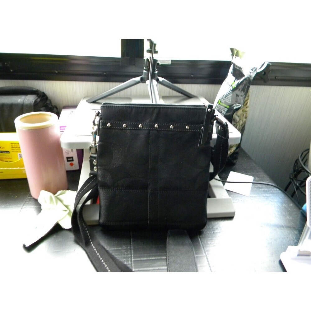 Coach Signature Stripe Shimmer Black Studded Crossbody Bag Purse 42020